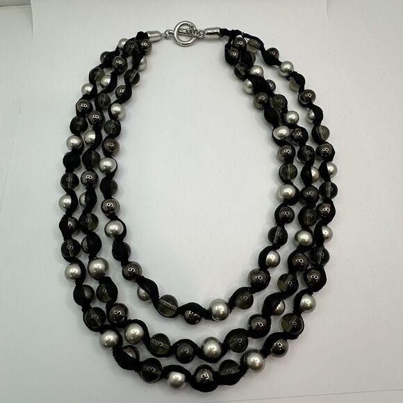 Multi Strand Statement Ribbon Necklace with Silver Black Clear Glass Beads 22" - Picture 9 of 14